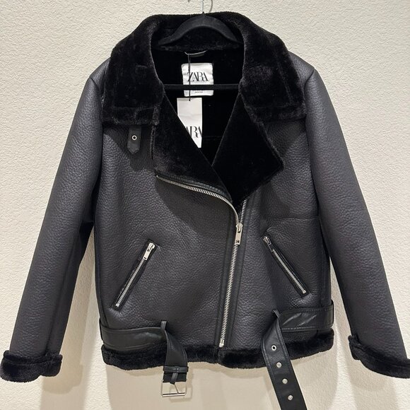 NWT ZARA Black Faux Leather Shearling Aviator Moto Jacket XL - Picture 1 of 8